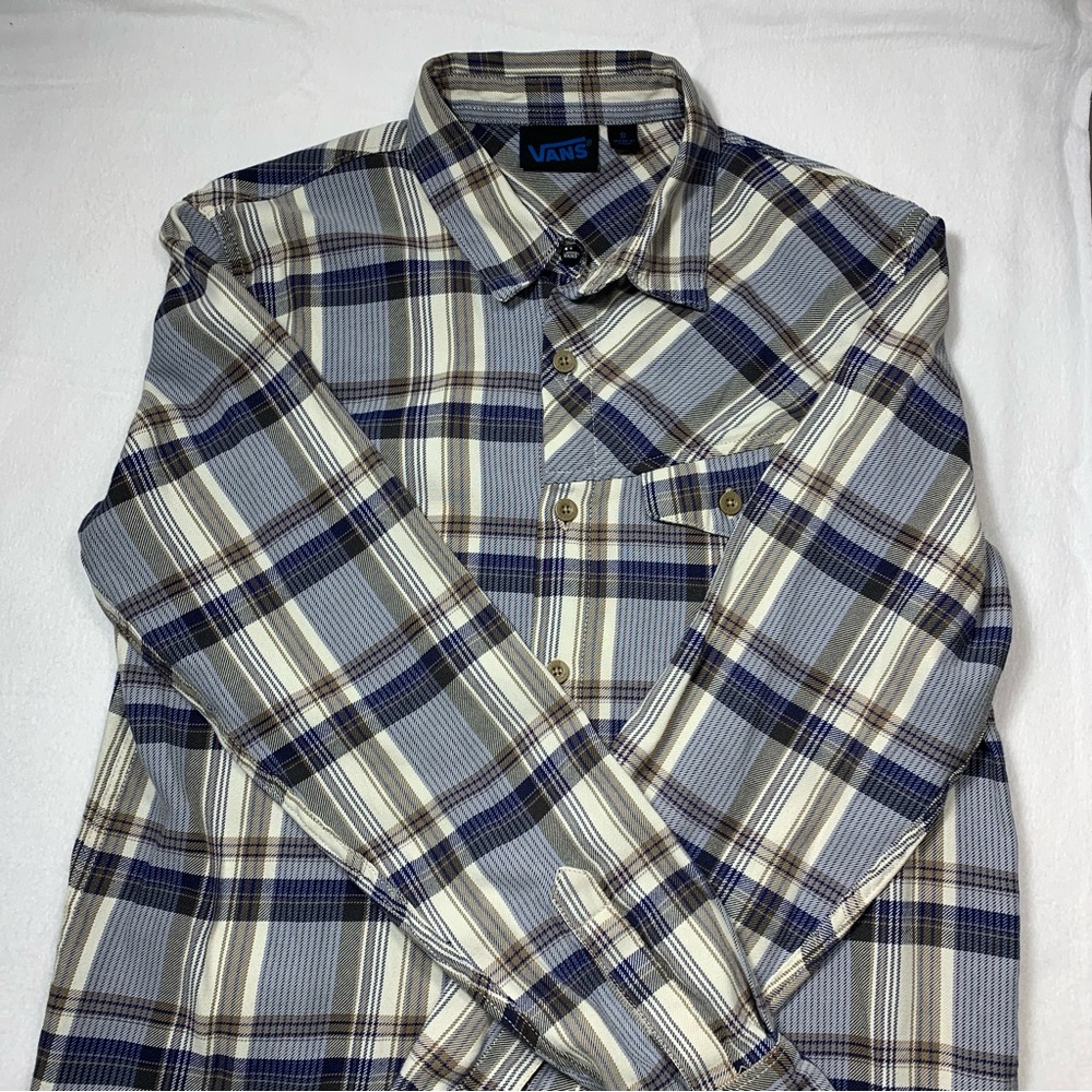 Vans Plaid Button Up Collared Men's Shirt Size S Blue Tan